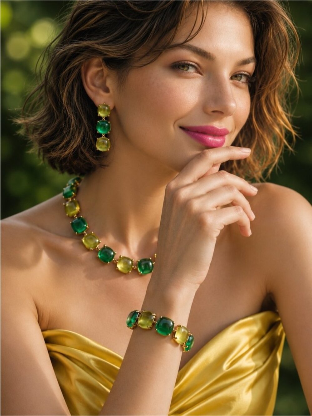 Green and Yellow Acrylic Resin Square Chain Necklace Bracelet Earrings Set